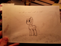 Size: 1920x1440 | Tagged: safe, artist:swegmeiser, derpibooru import, oc, female, graphite drawing, hill, looking up, mare, missing cutie mark, mountain, sketch, solo, text, traditional art, wind