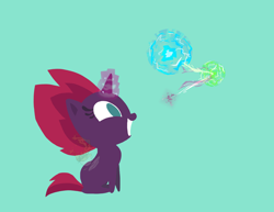 Size: 1024x791 | Tagged: safe, artist:graavitea, derpibooru import, fizzlepop berrytwist, tempest shadow, pony, unicorn, my little pony: the movie, blue background, cute, female, filly, filly tempest shadow, magic, pointy ponies, simple background, smiling, solo, tempestbetes, watermark, younger