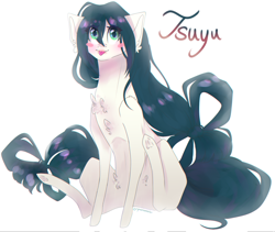 Size: 1024x866 | Tagged: safe, artist:ryuunazaki, derpibooru import, pony, blush sticker, blushing, chest fluff, ear fluff, frog (hoof), my hero academia, ponified, quirked pony, shoulder fluff, signature, simple background, sitting, solo, tongue out, tsuyu asui, underhoof, white background