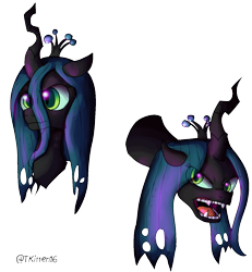 Size: 1254x1360 | Tagged: safe, artist:tkitten16, derpibooru import, queen chrysalis, changeling, changeling queen, bust, eye clipping through hair, fangs, female, signature, simple background, solo, transparent background