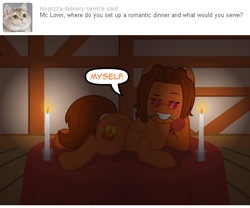 Size: 540x450 | Tagged: safe, artist:aha-mccoy, derpibooru import, oc, oc only, oc:aha mclovin, pegasus, pony, nopony-ask-mclovin, ask, bedroom eyes, candle, flower, flower in mouth, male, mouth hold, rose, rose in mouth, solo, stallion, tumblr