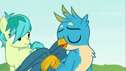 Size: 1366x768 | Tagged: safe, derpibooru import, gallus, sandbar, earth pony, griffon, pony, non-compete clause, duo, eyes closed, fabulous, male, smug, teenager