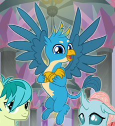 Size: 361x393 | Tagged: safe, derpibooru import, gallus, ocellus, sandbar, changedling, changeling, earth pony, griffon, pony, cropped, crossed arms, cute, female, flying, gallabetes, gameloft, majestic, male, paws, smiling, solo focus, spread wings, tail, wings