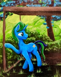 Size: 1024x1282 | Tagged: safe, artist:colorsceempainting, derpibooru import, oc, oc:arcane gear, pony, unicorn, bus stop, canvas, grass, male, painting, solo, traditional art, tree