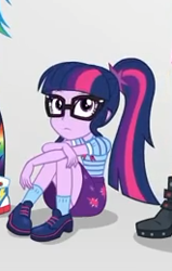 Size: 165x259 | Tagged: safe, derpibooru import, screencap, sci-twi, twilight sparkle, better together, equestria girls, rollercoaster of friendship, clothes, cropped, cute, female, glasses, legs, ponytail, shoes, skirt, socks, solo focus, upskirt denied