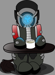 Size: 1024x1389 | Tagged: safe, artist:drops-of-blood, derpibooru import, oc, oc only, oc:chaild viktor, pony, crossover, cup, food, geth, legion, male, mass effect, ponified, simple background, sitting, solo, tea, teacup