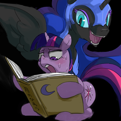 Size: 1350x1350 | Tagged: safe, artist:baigak, derpibooru import, nightmare moon, twilight sparkle, unicorn twilight, alicorn, pony, unicorn, black background, book, duo, duo female, female, mare, open mouth, simple background, sweat, this will end in tears