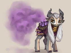 Size: 1024x772 | Tagged: safe, artist:elkaart, derpibooru import, oc, oc only, goat, bottle, clothes, female, gradient background, horns, neck rings, skull, smoke, solo