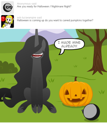 Size: 540x620 | Tagged: safe, artist:aha-mccoy, derpibooru import, oc, oc only, oc:anon, oc:anonlestia, nopony-ask-mclovin, ask, description is relevant, halloween, holiday, jack-o-lantern, pumpkin, sharp teeth, speech bubble, teeth, tumblr