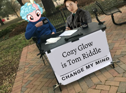 Size: 1348x992 | Tagged: safe, derpibooru import, cozy glow, school raze, change my mind, cozy glow's true goal, harry potter, harry potter (series), irl, meme, photo, pure concentrated unfiltered evil of the utmost potency, tom riddle, voldemort