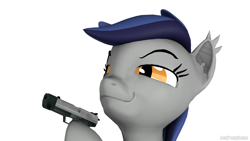 Size: 1280x720 | Tagged: safe, artist:batponyecho, derpibooru import, oc, oc only, bat pony, pony, 3d, bat pony oc, delet this, gun, handgun, heckler and koch, hoof hold, looking up, meme, narrowed eyes, pistol, simple background, smug, usp, weapon, white background