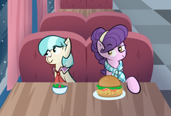 Size: 1810x1232 | Tagged: safe, artist:christheblue, derpibooru import, coco pommel, suri polomare, earth pony, pony, booth, burger, duo, duo female, female, food, hay burger, mare, restaurant, salad, snow, table