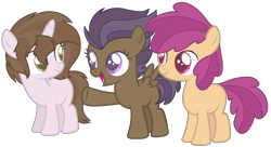 Size: 1490x812 | Tagged: safe, artist:leanne264, derpibooru import, oc, oc only, earth pony, pegasus, pony, unicorn, female, filly, offspring, parent:apple bloom, parent:button mash, parent:scootaloo, parent:sweetie belle, parent:tender taps, parents:sweetiemash, parents:tenderbloom, simple background, transparent background