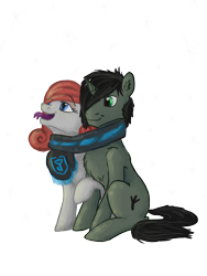 Size: 960x1280 | Tagged: safe, artist:drops-of-blood, derpibooru import, oc, oc only, oc:braunly, oc:queen stan, bat pony, pony, unicorn, bat pony oc, clothes, couple, ingress, scarf, shared clothing, shared scarf, simple background, sitting, snow, tongue out, transparent background