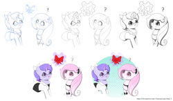 Size: 2400x1400 | Tagged: safe, artist:jdan-s, derpibooru import, oc, oc only, oc:cyberia heart, oc:doctor violet, pony, robot, robot pony, :<, bow, clothes, glasses, ponytail, progress, progression, question mark