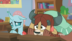 Size: 1920x1080 | Tagged: safe, derpibooru import, screencap, ocellus, yona, changedling, changeling, yak, a rockhoof and a hard place, bookshelf, bow, classroom, cloven hooves, cowering, desk, discovery family logo, female, hair bow, monkey swings, quilt, sad, scared, worried