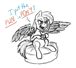 Size: 740x660 | Tagged: safe, anonymous artist, derpibooru import, rainbow dash, pegasus, pony, /mlp/, 4chan, beanbag chair, boasting, colored text, controller, drawthread, gamerdash, monochrome, pun, simple background, sketch, solo, video game