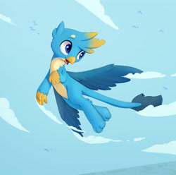 Size: 2800x2778 | Tagged: safe, artist:swerve-art, derpibooru import, gallus, bird, griffon, claws, cloud, cute, flying, gallabetes, looking back, male, open mouth, paws, sky, smiling, solo, tail, wings