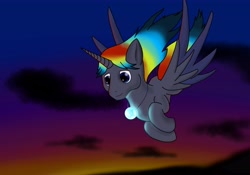 Size: 5000x3500 | Tagged: safe, artist:tunrae, derpibooru import, oc, alicorn, pony, absurd resolution, alicorn oc, commission, flying, glowing orb, simple background, solo, sunset, unnamed oc