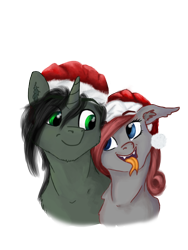 Size: 960x1280 | Tagged: safe, artist:drops-of-blood, derpibooru import, oc, oc only, oc:braunly, oc:queen stan, bat pony, pony, unicorn, bat pony oc, christmas, couple, hat, holiday, santa hat, simple background, tongue out, transparent background