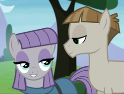 Size: 1421x1080 | Tagged: safe, derpibooru import, screencap, maud pie, mudbriar, earth pony, pony, season 8, the maud couple, spoiler:s08, bedroom eyes, female, male, maudbriar, shipping, smiling, straight, when she smiles