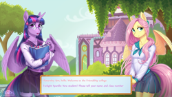 Size: 2160x1215 | Tagged: safe, artist:ladychimaera, derpibooru import, fluttershy, twilight sparkle, twilight sparkle (alicorn), alicorn, anthro, pegasus, clothes, dialogue, duo, female, glasses, looking at you, mare, nail polish, school uniform, shorts, signature, smiling, spread wings, text, visual novel, wings