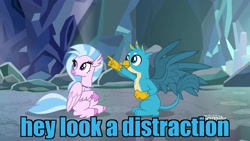 Size: 1920x1080 | Tagged: safe, derpibooru import, edit, edited screencap, screencap, gallus, silverstream, classical hippogriff, griffon, hippogriff, what lies beneath, colored hooves, duo, female, image macro, jewelry, male, meme, necklace, nightmare cave, pointing