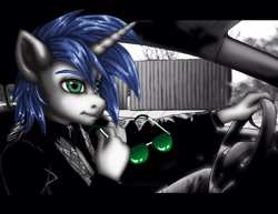 Size: 3557x2743 | Tagged: safe, artist:erim-kawamori, derpibooru import, oc, oc:shifting gear, anthro, unicorn, car, male, monochrome, neo noir, partial color, solo, stallion, sunglasses