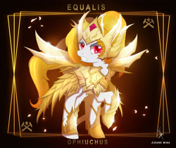 Size: 3840x3232 | Tagged: safe, artist:zidanemina, derpibooru import, oc, oc only, oc:equalis, earth pony, pony, armor, digital art, female, high res, mare, ophiuchus, raised hoof, saint seiya, signature