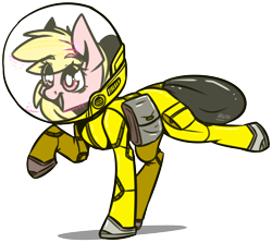 Size: 2600x2322 | Tagged: safe, artist:lrusu, derpibooru import, oc, oc only, oc:puppysmiles, earth pony, pony, fallout equestria, fallout equestria: pink eyes, canterlot ghoul, fanfic, fanfic art, female, filly, foal, hazmat suit, hooves, open mouth, raised hoof, saddle bag, signature, simple background, smiling, solo, space helmet, transparent background