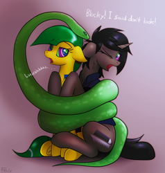 Size: 3278x3446 | Tagged: safe, artist:fenixdust, derpibooru import, oc, oc:blocky bits, oc:ivy, pony, snake, unicorn, clothes, dialogue, duo, female, hypnosis, swirly eyes, this will end in vore