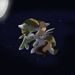 Size: 2560x2560 | Tagged: safe, artist:brokensilence, derpibooru import, oc, oc:auctor, oc:misty serenity, pegasus, pony, blushing, couple, eyes closed, flying, kissing, mistor, moon, night, stars