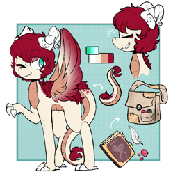 Size: 1024x1030 | Tagged: safe, artist:urbanqhoul, derpibooru import, oc, oc only, oc:eri rebecula, bird, dragon, original species, claws, dracaven, green eyes, horns, one eye closed, reference sheet, smiling, smirk, wings, wink