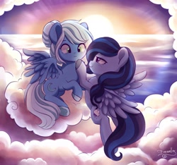 Size: 1600x1500 | Tagged: safe, artist:dressella, derpibooru import, oc, pegasus, pony, cloud, female, lesbian, mare, oc x oc, shipping, signature, sky, smiling, spread wings, sun, wings