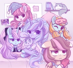 Size: 2364x2216 | Tagged: safe, artist:dressella, derpibooru import, oc, cat, earth pony, pegasus, pony, rabbit, unicorn, bed, book, cellphone, clothes, cute, female, hat, mare, one eye closed, pajamas, phone, shirt, smiling, tongue out