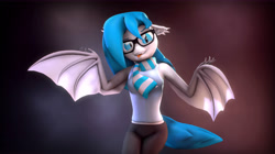 Size: 10000x5600 | Tagged: safe, artist:imafutureguitarhero, derpibooru import, oc, oc only, oc:xenia amata, anthro, bat pony, 3d, abstract background, absurd resolution, bat pony oc, bat wings, bloom, blue mane, chromatic aberration, clothes, compression shorts, fangs, female, film grain, floppy ears, glasses, gradient background, looking at you, mare, nail polish, nose wrinkle, raised eyebrow, scarf, shorts, shrug, signature, sleeveless, slit eyes, smiling, solo, source filmmaker, tanktop, tongue out, windswept tail, wing arms, wings