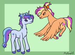 Size: 1702x1260 | Tagged: safe, artist:misskanabelle, derpibooru import, oc, oc only, oc:clementine skies, oc:mirage, pegasus, pony, unicorn, duo, female, flying, magical lesbian spawn, mare, next generation, offspring, parent:amethyst star, parent:spitfire, parent:starlight glimmer, parent:trixie, parents:spitstar, parents:startrix, simple background, smiling, tongue out