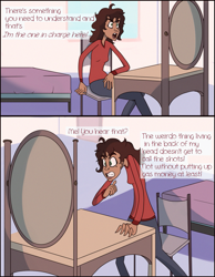 Size: 815x1052 | Tagged: safe, artist:sharkrags, derpibooru import, oc, human, bedroom, comic, implied discord, implied eris, rule 63, talking to herself