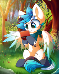 Size: 2986x3716 | Tagged: safe, artist:kaleido-art, derpibooru import, oc, oc only, oc:trailblazer, pegasus, pony, 3ds, bandana, colored wings, forest, male, multicolored wings, scenery, sitting, solo, stallion