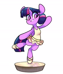 Size: 1977x2325 | Tagged: safe, alternate version, artist:sourspot, derpibooru import, twilight sparkle, twilight sparkle (alicorn), alicorn, pony, ballerina, ballet slippers, clothes, cute, female, looking down, mare, pose, simple background, smiling, solo, tutu, twiabetes, twilarina, white background