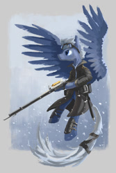 Size: 1181x1772 | Tagged: safe, artist:plainoasis, derpibooru import, pegasus, pony, clothes, gun, solo, weapon