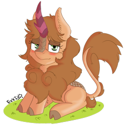 Size: 1004x1008 | Tagged: safe, artist:exvius, derpibooru import, oc, kirin, brown mane, cloven hooves, grass, green eyes, kirin oc, prone, simple background, transparent background, unnamed oc