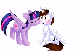 Size: 5460x3951 | Tagged: safe, artist:scarlet-spectrum, derpibooru import, twilight sparkle, twilight sparkle (alicorn), oc, oc:neo star, alicorn, pony, alicorn oc, blushing, canon x oc, commission, cute, daaaaaaaaaaaw, first kiss, kiss on the cheek, kissing, ocbetes, starkle, surprise kiss, surprised, twiabetes, ych result