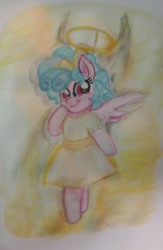 Size: 1043x1596 | Tagged: safe, artist:ruthpainter, derpibooru import, cozy glow, pegasus, pony, clothes, dress, halo, solo