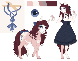 Size: 3832x3007 | Tagged: safe, artist:askbubblelee, derpibooru import, oc, oc only, oc:marionette, anthro, earth pony, pony, anthro with ponies, bow, clothes, dress, female, hair bow, mare, reference sheet, simple background, smiling, solo, transparent background