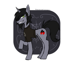 Size: 1280x1225 | Tagged: safe, artist:xpromkingx, derpibooru import, pony, unicorn, clothes, commission, disguise, disguised siren, fangs, grin, hair over one eye, kellin quinn, looking at you, male, missing accessory, ponified, raised hoof, shirt, simple background, sleeping with sirens, smiling, solo, stallion, standing, t-shirt, transparent background