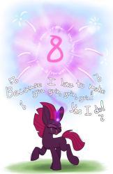 Size: 1294x2000 | Tagged: safe, artist:heir-of-rick, derpibooru import, fizzlepop berrytwist, tempest shadow, pony, unicorn, anniversary, broken horn, cute, description is relevant, dialogue, eye scar, eyes closed, female, fireworks, happy birthday mlp:fim, hidden cane, horn, impossibly large ears, lyrics, mare, mlp fim's eighth anniversary, raised hoof, scar, simple background, smile song, solo, song reference, tempest the birthday guest, tempestbetes, transparent background