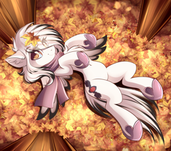 Size: 3777x3333 | Tagged: safe, artist:airiniblock, derpibooru import, oc, oc only, oc:swift ghost, pegasus, pony, autumn, autumn leaves, commission, featureless crotch, female, leaves, looking at you, mare, rcf community, smiling, solo, spread wings, wings, ych result