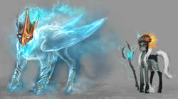 Size: 1024x573 | Tagged: safe, artist:elkaart, derpibooru import, oc, oc only, original species, pony, unicorn, golem, gradient background, mage, magic, staff, wings