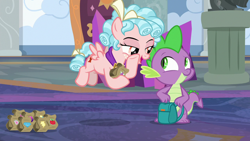 Size: 1280x720 | Tagged: safe, derpibooru import, screencap, cozy glow, spike, dragon, pegasus, pony, school raze, backpack, duo, female, filly, foal, male, paper bag, whispering, winged spike